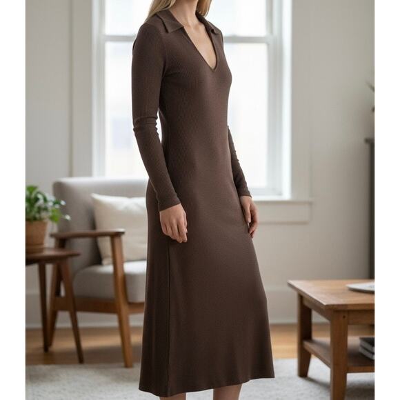 Ninety Percent Women's Ribbed Collar Long Sleeves Midi Dress XL Brown - Picture 1 of 13